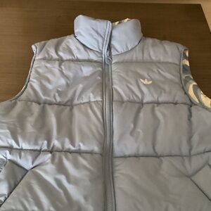 Adidas “Originals” Blue and Cream abstract animal print reversible puffer vest